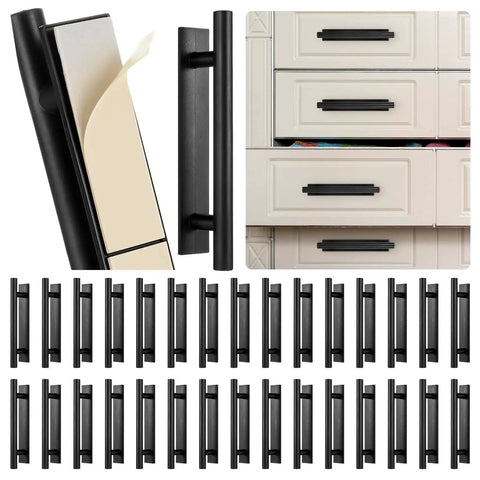 30 Pcs Self-Stick Cabinet Drawer Handles Pulls Black Peel And Stick Plastic Adhesive Door Handles shown with installation example.