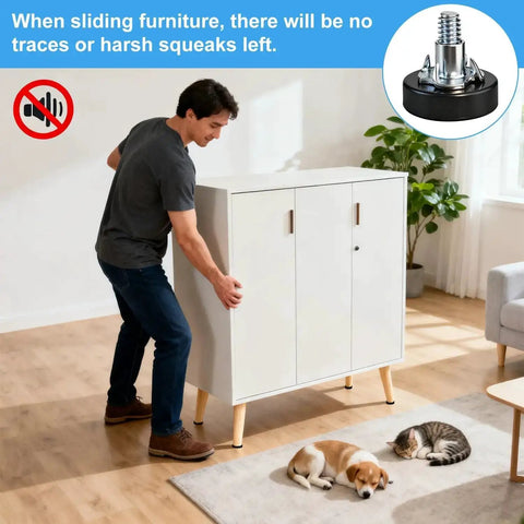Person moving cabinet with Adjustable One Quarter Inch Thread Leveling Feet With T Nuts 12 Pack Screw In Furniture Levelers for smooth operation.