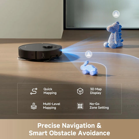 Robot vacuum DREAME L40 Ultra Gen 2 in black on wooden floor, with 3D map icons and obstacle avoidance banner.