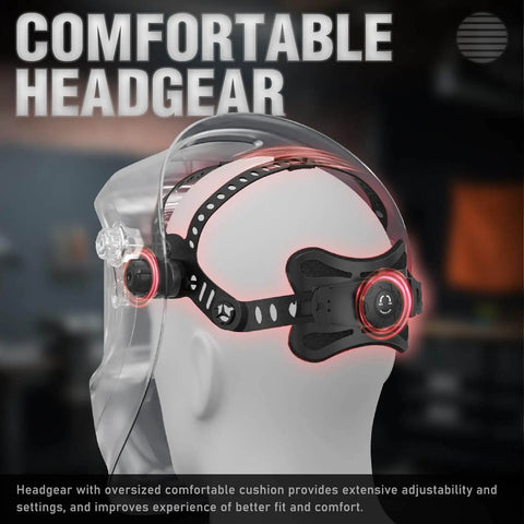 Side view of Auto Darkening Welding Helmet With Side View And 180 Degree Panoramic Vision, showing adjustable comfortable headgear.