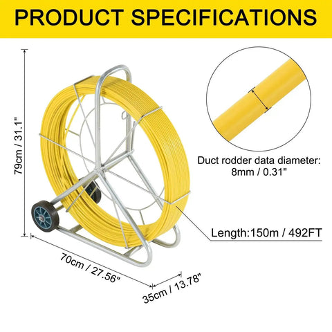 Beefy Heavy Duty Fiberglass Duct Rodder 8mm By 150m 492ft With Wheel Stand, yellow rod on metal frame with size details.