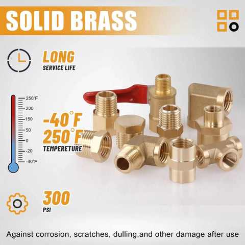 105 Piece Brass Pipe Fittings Set with NPT Adapters and Ball Valve, showcasing solid brass construction and temperature resistance