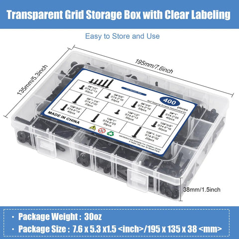 400 Piece Self Tapping Screws Set Made Of 410 Stainless Steel For Metal Wood And Plastic Size 8 And 10 in storage box
