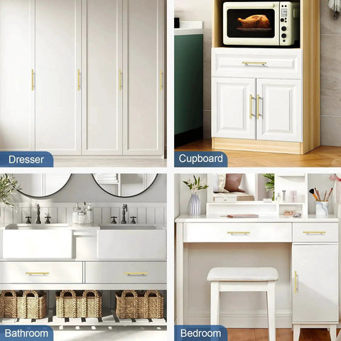 30 Pack 5 Inch Center To Center Gold Brass Cabinet Pulls For Kitchen Cabinets And Drawer Fronts installed on various furniture.