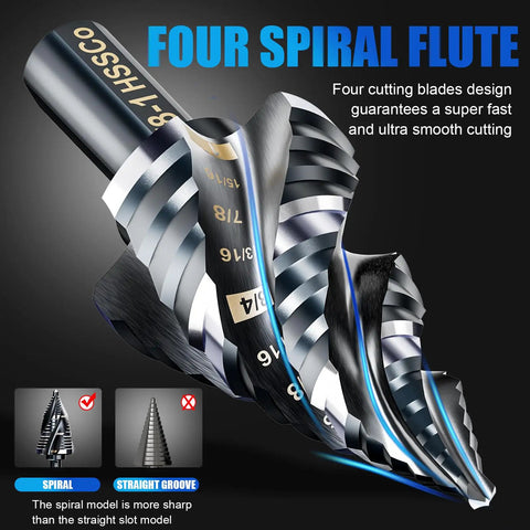 M35 Pro Grade Cobalt Step Drill Bit Set With Four Spiral Flute Nine Sizes From One Eighth To One Inch Three Eighths Inch Shank