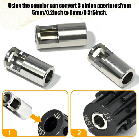 Three-piece 8mm to 5mm RC gear adapter sleeve set, stainless steel, for use with RC boats, planes, and cars; includes pinion reducer.