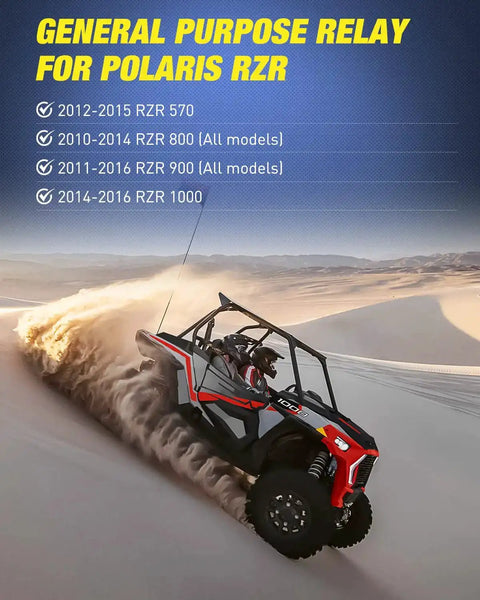 Polaris RZR off-road vehicle in desert with text listing compatible models for 5 Pack 4 Pin SPNO Automotive Relay 20A Sealed
