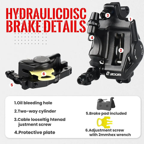 ZOOM HB-100 hydraulic disc brake caliper set in black for MTB, road bikes and e-bikes, front and rear with pads