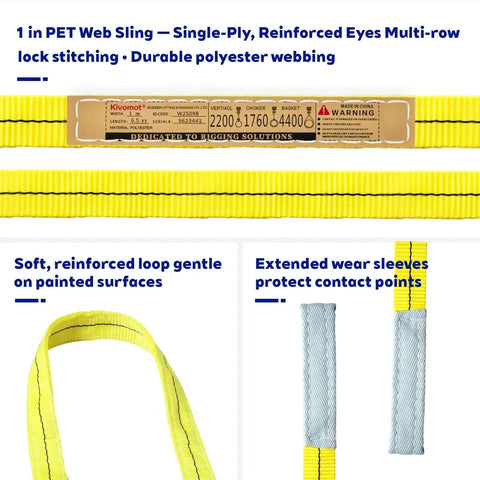 Kivomot lifting straps, front view, 6.5 ft long, 1 in wide yellow polyester tow straps, 2-pack, 4400 lb max load