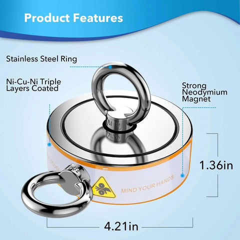 Double Sided Magnetic Fishing Kit With Beast 2600 Lb Pull, 100 Ft Rope, stainless steel neodymium magnet dimensions shown