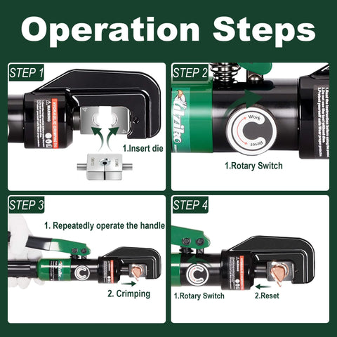 Display of operation steps for Hydraulic Cable Lug Crimper Kit 10 Ton Crimp Tool For 12 AWG To 00 AWG Electrical Terminals with 9 Die Sets.