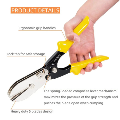 5 Blade Sheet Metal Crimping Tool for HVAC Duct and Venting, Gutter Downspout Crimper with ergonomic grip shown in hand