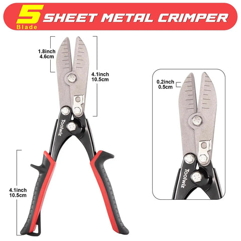 Five Blade Sheet Metal Tools Toolwiz Duct Crimping Tool for 24 to 26 Gauge, stainless steel, front view with measurements