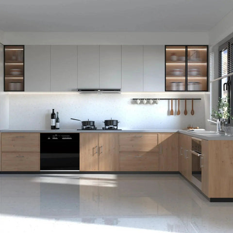 Modern kitchen with Ten Pack Brushed Nickel Cabinet Pulls Center To Center 128mm 7.5 Inch Overall Length 192mm installed on wooden cabinets.