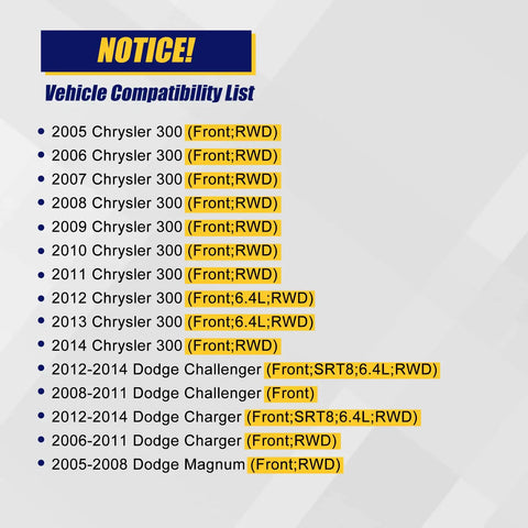 Vehicle compatibility list for front wheel bearing and hub assembly 513224 including Dodge and Chrysler models.