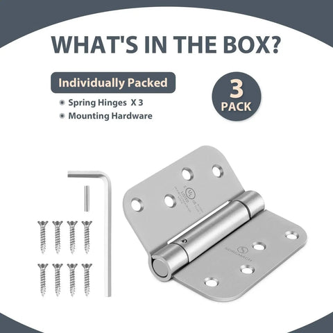 Satin Self Closing Door Hinges Five Eighths Inch Radius Heavy Duty Auto Close Spring Loaded Mortise Hinges UL Listed Commercial Grade Door Hardware Three Pack box contents with mounting hardware.