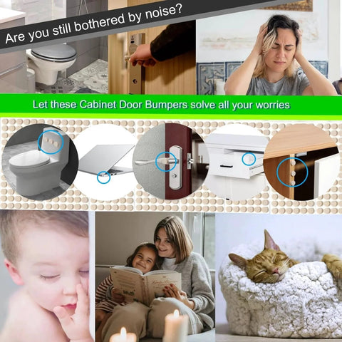 Collage showing 3/8 Inch Round Beige Felt Pads For Cabinets And Furniture used to reduce noise and protect surfaces, with family scenes.