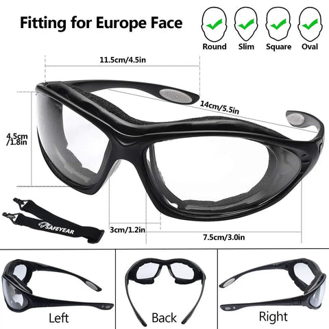 Anti Fog Safety Glasses With Scratch Resistant Lenses for Lab Work And Grinding, dimensions shown, suitable for European face shapes.
