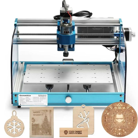3018 ProVer V2 Desktop CNC Milling Machine For Beginners with examples of engraved signs and designs, focus on spoilboard