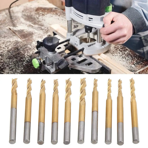 10 Piece 3 Flute End Mills Pro Grade Round Shank CNC Milling Cutters Ti Plated Tungsten Steel For Engraving Drilling Milling And Cutting Hardwood Plywood Acrylic Plastic Fiber Resin PCB Projects shown with a CNC machine in use.
