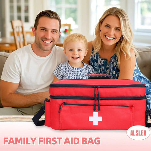 Smiling family with Go-To Spacious Double Layer First Aid Bag For Easy Organizing ALSLEA Large Medical Organizer in red