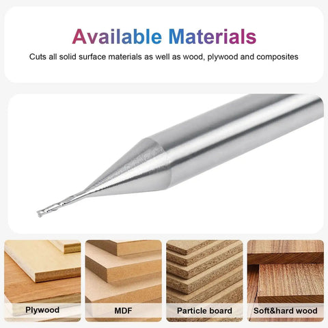 Carbide Upcut Router Bit With One Quarter Inch Shank And One Thirty Second Inch Cutting Diameter For Wood Engraving And CNC Carving Spiral End Mill For Plunge Cuts And Slots showing materials it cuts, like plywood and MDF.