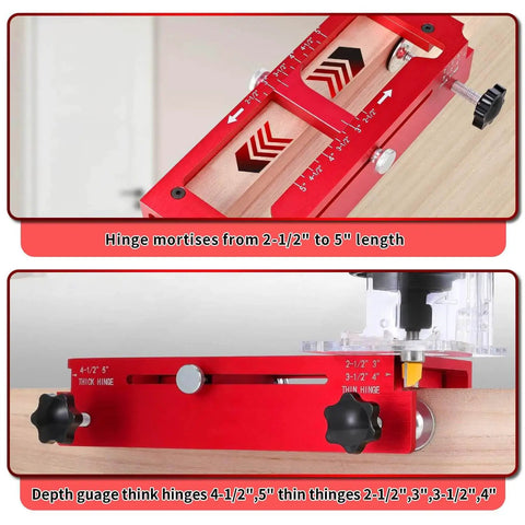Adjustable Door Hinge Jig For Jambs And Routers, Aluminum Alloy Hinge Template Kit Fits Door Hinges From Two Point Five To Five Inches, Radius One Quarter Inch Or Radius Five Eighths Inch, Red, Durable Router Template Tool For Precise Installations, showing red aluminum frame and depth gauge.