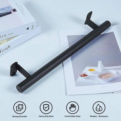 16 Inch Heavy Duty Metal Gate Handles Set In Matte Black Barn Door Pulls Outdoor 2 Pack placed on table with magazines