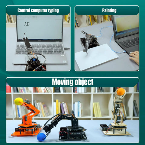 Adeept 5DOF robotic arm kit on a desk beside a laptop, black metal frame, front view
Adeept 5DOF robotic arm kit painting a sheet, side view beside a laptop
Group of Adeept 5DOF robotic arms moving a blue ball on a table in a STEM setup
