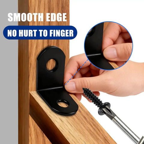 22Pc L Bracket Corner Brace Set Black Stainless Steel 90 Degree Right Angle Brackets With 44 Screws shown in use on wood.