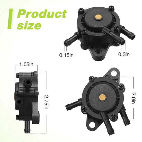 Four Pack Lawn Mower Fuel Pumps Replacement Kit For Easy Starts No Fuss Durable Black Pumps Compatible With 491922 691034 692313 808492 808656 808281 Engines Save Time And Energy On Yard Work, shown in front and side view with dimensions