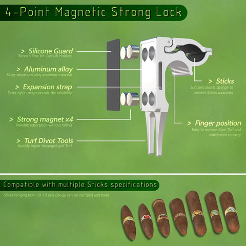 2 Pack Magnetic Sticks Holder For Golf Cart And Grass with features like 4-point lock, silicone guard, aluminum alloy, and strong magnets.