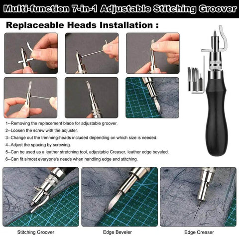 All In One Leather Craft Tools Set For Carving Stamping Sewing Punching And Cutting With A Custom Storage Bag 72 Piece Professional Leather Working Kit For Crafting Repair And DIY Projects TLKKUE showing adjustable stitching groover tools and installation steps.