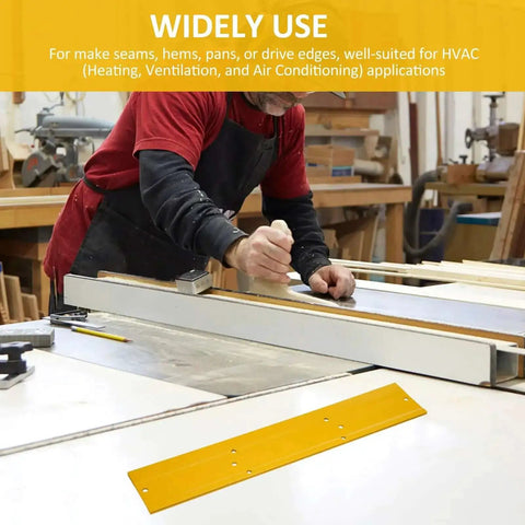 Woodworker using heavy duty 18 inch metal bender hand tool for sheet metal folding and duct bending made from 16 gauge steel