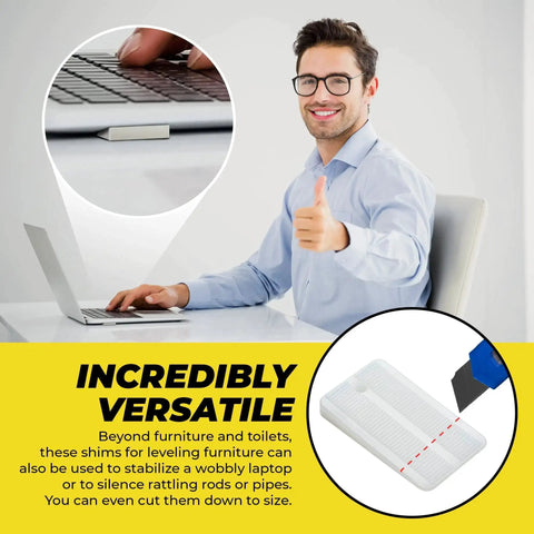 Plastic Furniture Leveling Shims 30 Pack Wobble Free For Uneven Floors Tables And Toilets shown in use on a laptop desk