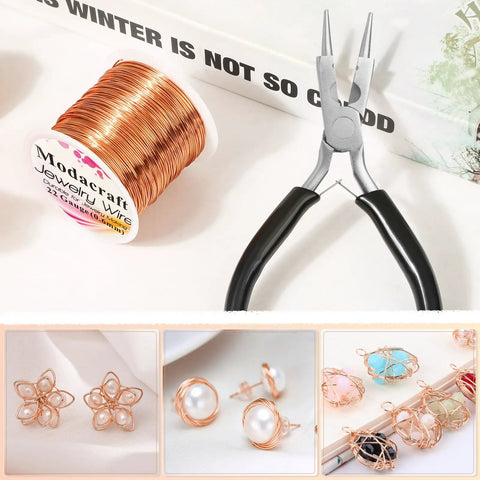 Copper Wire Jewelry Making Kit With 164ft Of 0.6mm Bare Copper Wire And 4 In 1 Pliers For Beading And Crafting Supplies Easy To Bend And Create Like A Pro Modacraft, including wire spool and pliers.