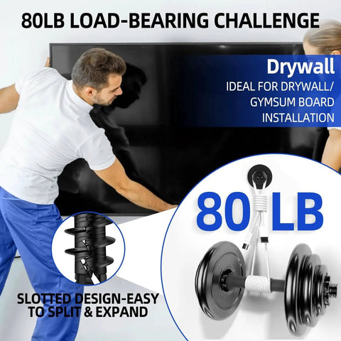 Self Drilling Size Eight Drywall Anchors And Screws Set, Heavy Duty Nylon And Glass Fiber Construction, 80 Lbs Load Capacity, Pre Drill Free, Includes 40 Anchors And 40 Screws With Storage Case For Hanging Shelves TVs And Pictures shown for mounting TV, 80 LB weight challenge visible.