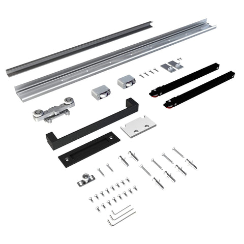 Concealed Sliding Barn Door With Soft Close Hardware Kit, showing metal rails, rollers, and accessories for 38 in by 86 in door.
