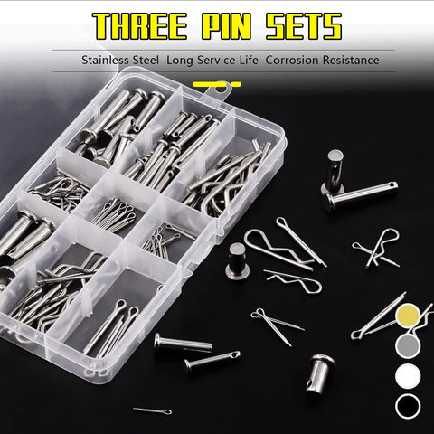 122 Piece Clevis Pin And Cotter Pin Kit All In One With 15 Sizes In 304 Stainless Steel shown with organized compartments