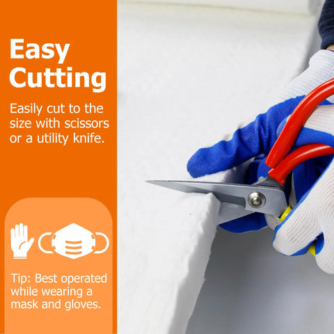 Ceramic fiber insulation blanket being cut by scissors; 24x8x1 in, fireproof up to 2700°F, white.