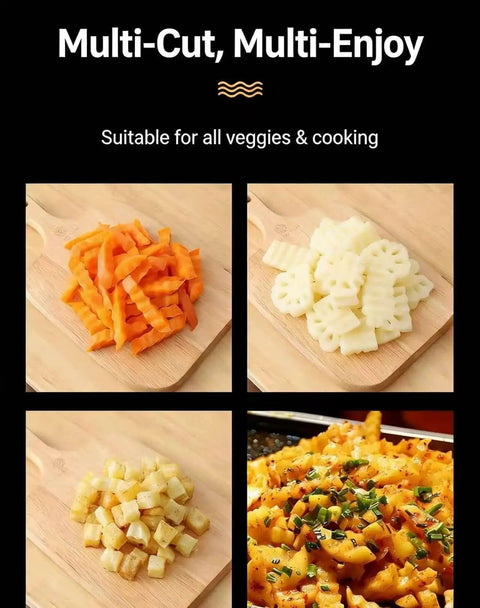 Chopped vegetables and fries made with 4 Piece Crinkle Cutter Set For Veggies Stainless Steel Wavy Cutter Ideal For Potatoes Carrots Chips Lettuce And Butter Assorted Colors Black Blue Pink Kid Friendly Durable ABS Handle Safe Kitchen Tool on wooden boards.