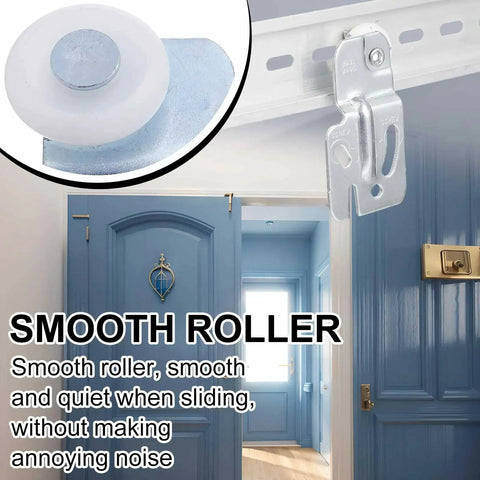 12 Piece Sliding Closet Door Roller Kit For Top Hung Bypass Wardrobe Doors With Three Quarter Inch Wheels In Two Offsets One Half Inch And Three Eighths Inch And Seven Eighths Inch Nylon Wheels With One Half Inch Offset installed.