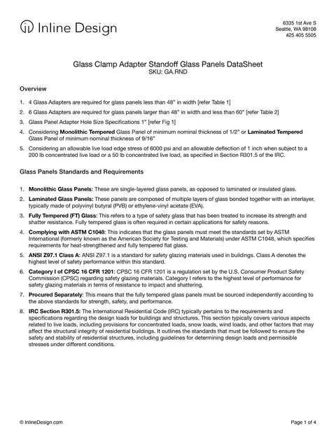 Datasheet for Glass Clamp Adapter Standoff Glass Panels with specifications and requirements.