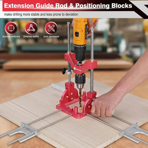 Heavy Duty Portable Drill Guide For Straight Holes And 0 To 60 Degree Angle Drilling, Drill Press Adapter in use on wood