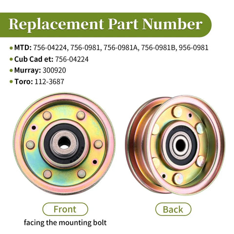 Front and back view of Replacement Idler Pulley 756-04224 756-0981 756-0981A 756-0981B Flat Belt Tensioner