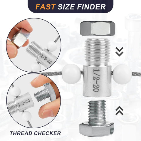 Nut And Bolt Thread Checker With 26 Male And Female Gauges 14 Inch And 12 Metric Quickly Check Inch Or Metric Nuts And Bolts And Verify Size For Mechanics And DIY Enthusiasts shown in use.