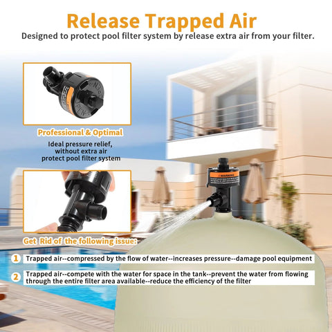 Black high-flow manual air relief valve for pool filter, orange label, shown installed on a round pool filter tank.