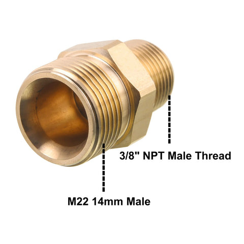 Brass M MINGLE M22 pressure washer adapter, 3/8 in NPT male to 14mm M22 male.