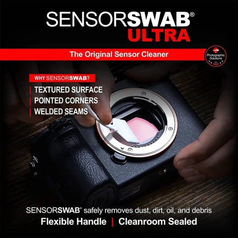 Sensor Swab Ultra 20mm Type 1 used for cleaning camera sensor, shown with flexible handle and cleanroom-sealed features.