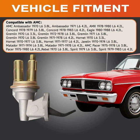 Drop In M6737 Mechanical Fuel Pump Replacement For Jeep And AMC Classics shown with compatible vehicles list and red car image